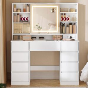 Coiffeuse 9 tiroirs loupe 10x &eacute;clairage 3 couleurs blanc nuage