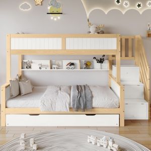 Lit superposé 90x200cm+120x200cm+lit gigogne 90x190cm - penderie et escalier de rangement - en Bois de pin et MDF - Blanc & Naturel