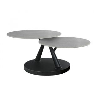 Table basse rotative 2 plateaux ronds c&eacute;ramique gris pied noir &ndash; ALLEGRA
