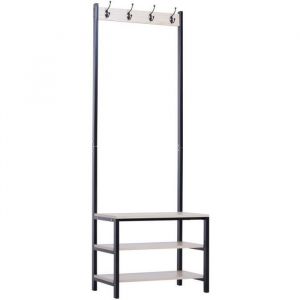 Homcom Porte-manteau vestiaire d'entrée dim. 60L x 40l x 175H cm 3 étagères 4 patères double crochet MDF bois clair acier noir