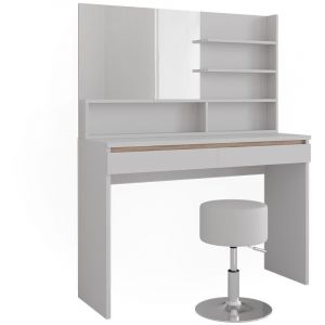 Vicco - Coiffeuse Emma, Blanc, 120cm avec &eacute;tag&egrave;re miroir & tabouret