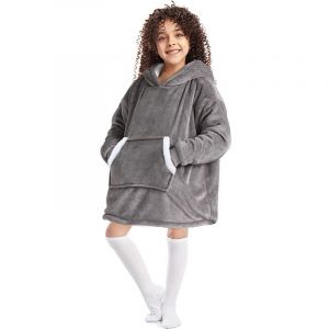 Freosen - Plaid à Capuche Enfant Plaid Pull Couverture Canapé Polaire avec Manche Garçons Filles avec Poches Portables tv Hiver 70cm Gris