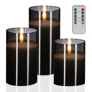 Relaxdays Lot de 3 bougies LED dans un verre, télécommande, minuterie et flamme vacillante, en cire véritable, sans flamme, gris