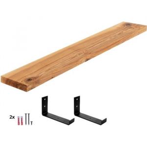 LAMO Manufaktur étagère murale en bois massif, bord régulier, étagère de rangement Industrial, bois naturel / équerre noire 120cm, LWG-01-A-002-120JS