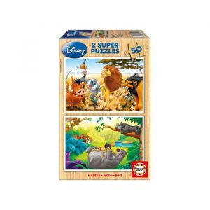 Educa Coffret 2 puzzles en bois enfant : 50 pieces - roi lion : simba nala timon pumbaa - livre de la jungle baloo mowgli bagheera shere khan disney