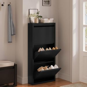 Meuble &agrave; Chaussures WOLTU, pour 9 Paires, Meuble d'Entr&eacute;e &Eacute;troit en M&eacute;tal, Porte Abattante, 3 Compartiments, Noir, 50x15x106 cm