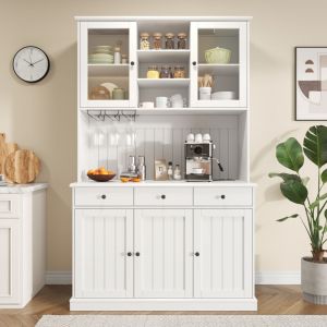 Buffet haut 120x40x191 cm - 5 portes et 3 tiroirs - Avec prise &eacute;lectrique et port USB - Porte-verres &agrave; vin - &Eacute;tag&egrave;res r&eacute;glables - Blanc