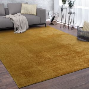 Paco Home Tapis De Salon Poils Ras Lavable Monochrome Style Moderne Jaune 120 cm rond