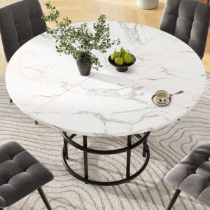 Okwish - Table &agrave; manger ronde blanche 4-6 palces, plateau de table en mdf marbr&eacute; avec pieds en m&eacute;tal noirs, pour salle &agrave; manger, salon et cuisine,