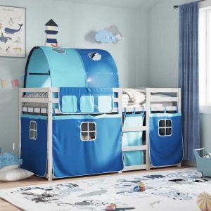 VidaXL Lit superposé avec rideaux bleu 90x190 cm bois pin massif, lit, cadre de lit, lit superposé bas, meuble de chambre à coucher