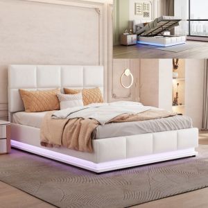 Lit coffre 140x190 cm - NMONET - LED - Similicuir blanc - Hydraulique - 2 places