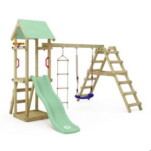 Wickey Maisonnette tour de jeux TinyLoft avec balançoire et toboggan, tour d'escalade avec bac à sable, échelle et accessoires de jeu – vert pastel