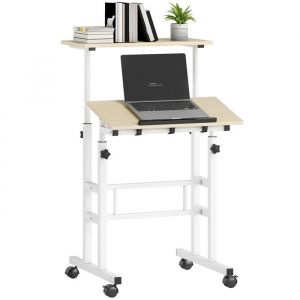 Homcom Bureau assis debout - réglable en hauteur - 60 x 60 cm - à roulettes - avec plateau inclinable - cadre en métal - naturel