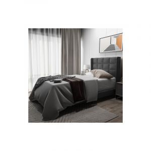 Lit simple capitonné au design moderne avec sa tête de lit et sommier à lattes, 90x200cm, en lin gris - Liberté