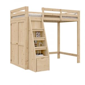 Liberté - Lit en mezzanine 90x200 cm, avec échelle de sécurité, armoire,bois massif