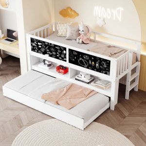 Lit enfant 90 x 200 cm - Avec lit gigogne - Avec rangement - Avec tableau &agrave; dessin - Blanc (matelas non inclus)