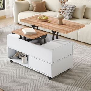 Table basse relevable 100x50x52 cm - Avec 4 roulettes - 4 tiroirs - Rangement semi-ouvert - Blanc + Naturel
