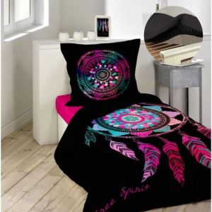 Pack parure de couette enfant 140x200 cm Porte bon ur + drap housse 90x190 Noir