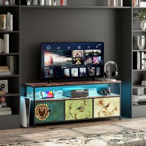 Fortuna Lai - Meuble tv led 108x30x57cm - 3 tiroirs en tissu cuir et m&eacute;tal noir - multicolore
