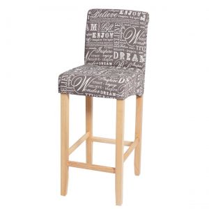Décoshop26 Tabouret de bar chaise haute de bar motif lettrage gris tissu pieds en bois clairs 04_0001238