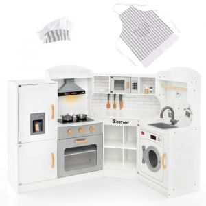 Costway Grande Cuisine Pour 4 Enfants 3 &Agrave; 10 Ans, Lumi&egrave;re & Effet Sonore - 15 Accessoires, Blanc & G
