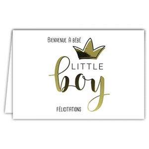69-5151 Carte Félicitations Bienvenue à Bébé Little Boy Lettres en Or Doré Brillant pour Naissance ou Adoption Petit Prince Couronne Roi Format Horizontal avec Enveloppe Blanche Format 17,5x12cm