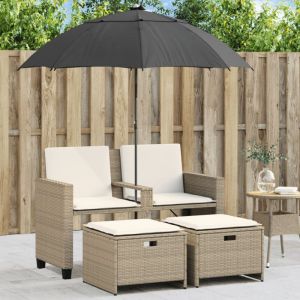 VidaXL Canap&eacute; de jardin 2 places avec parasol et tabourets beige rotin