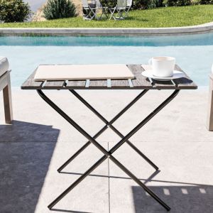 Table pliante de jardin Cavallino métal bois de pin 60 x 40 x 57 cm noir gris texturé