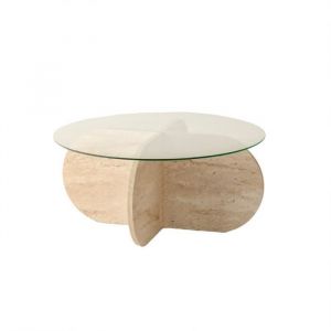 Menzzo Table basse ronde design Helvya D75cm Verre Transparent et Effet travertin Beige