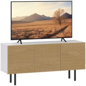 Homcom Meuble tv banc tv design graphique - 3 portes, 3 étagères, 3 passe-câbles - blanc effet bois