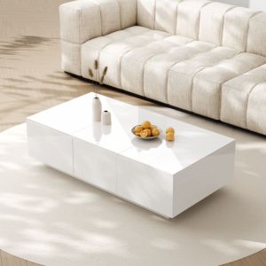 Table basse 100 x50 x31cm, 2tiroirs coulissants + 2 rangements cachés, blanc brillant, table de salon de chambre à coucher