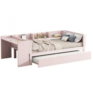Lit Enfant Gigogne - 90x200cm - Bureau int&eacute;gr&eacute; - Rangement - MDF - Rose