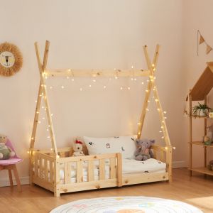 Lit Tipi pour Enfants Helsingborg avec Grille de Sécurité Pin 140 x 70 cm naturel [en.casa]