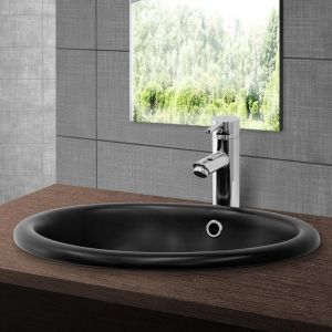ML-Design Lavabo en C&eacute;ramique Noir Mat, 49x40,5x19,5 cm, Design Ovale, Vasque &aacute; Encastr&eacute;