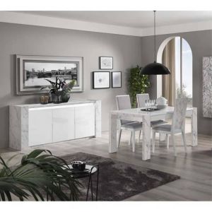 Prava - Ensemble Séjour Blanc et Effet Marbre Table 160cm + Buffet avec Leds