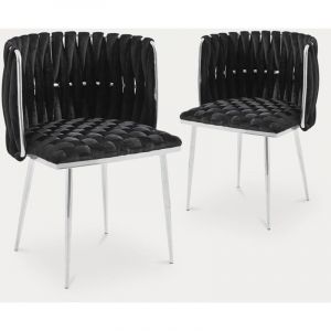 Trecy - Lot de 2 chaises en velours tressé noir et pieds argentés - Noir