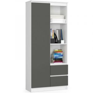 Akord - Bibliothèque de bureau R11 Blanche 80 cm 1 porte 2 tiroirs façade Gris Graphite 7 étagères 80x35x180 cm