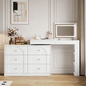 POCKETPOP Coiffeuse avec miroir, avec &eacute;clairage LED, pivotante, table de bureau, 105&times;40&times;80cm, Blanc