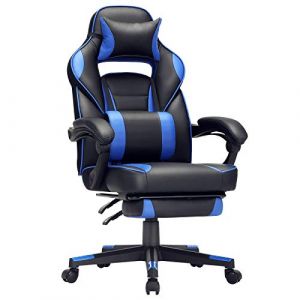 Songmics Fauteuil Gamer, Chaise Gaming, Siège de Bureau réglable, avec Repose-Pieds télescopique, Ergonomique, mécanisme basculent, Appui-tête, Support Lombaire, Charge 150 kg, Noir et Bleu OBG073B04