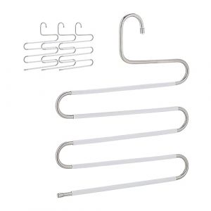 Relaxdays Cintre pour Pantalon, Lot de 4, Forme Un S, 5 Barres, antidérapant, Peu encombrant, argenté et Blanc