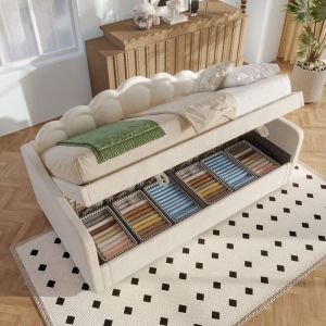 Lit coffre hydraulique 90x200 cm, canapé convertible, lit simple led avec sommier à lattes, velours, beige, sans matelas