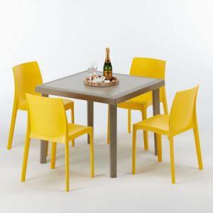 Grand Soleil Table carrée beige + 4 chaises colorées Poly rotin synthétique ELEGANCE | Rome jaune