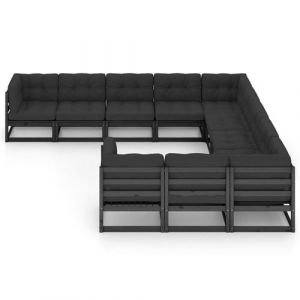 VidaXL Salon de jardin 11 pcs avec coussins noir bois de pin massif