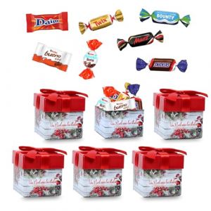 6 petites boites carrées décor Noël garnies de 42 chocolats Kinder, Daim, Milka & Célébrations | Idéal à partager en famille