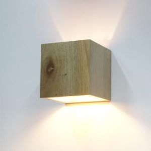 Applique murale cube en bois naturel, &eacute;clairage haut/bas, E27 14cm