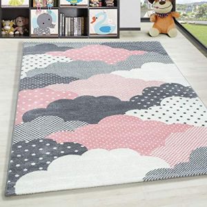 Homebyhome Tapis Chambre Enfant Rose 160x230 cm Motif de nuages Tapis Rectangle Facile dentretien Doux