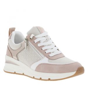 Tamaris Baskets running roses et blanches à talon compensé avec lacets et zip latéral
