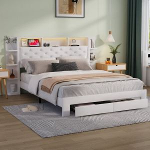 Lit 140 x 200 avec sommier,lit 2 personnes avec rangement, led et USB,tête de lit avec étagères ouvertes et rangement des deux côtés,lit avec tiroirs