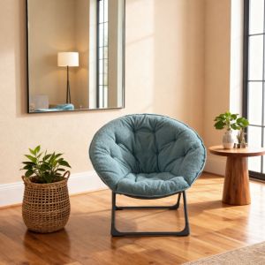 Fauteuil lune pliable rembourr&eacute; en laine de mouton, structure m&eacute;tal, portable, charge 110 kg -bleu