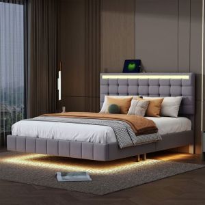 Cadre de lit 160x200 cm - LED et USB - Avec sommier &agrave; lattes - Moderne - Lin - 160x200 cm - Gris